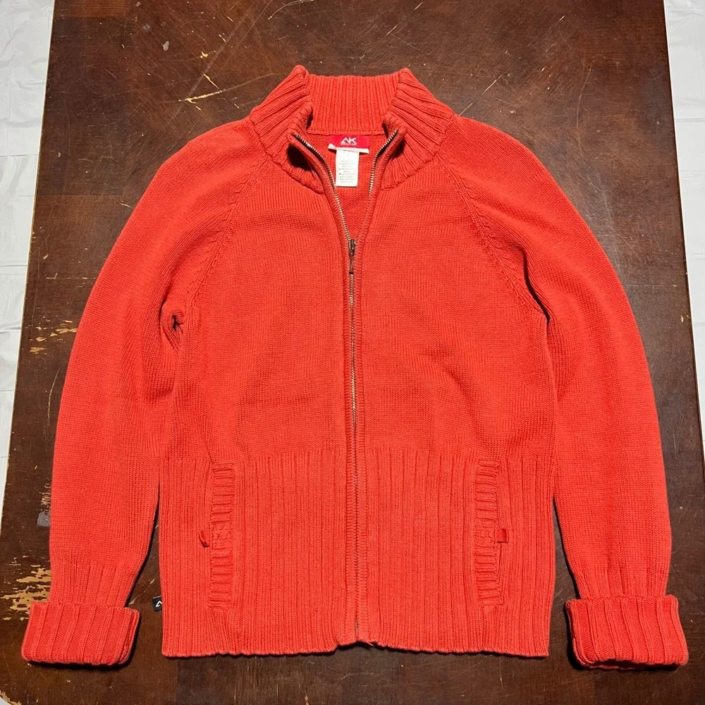 Anne Klein Sport Womens Orange Full Zip Cardigan Sweater Mock Neck Stretch Small